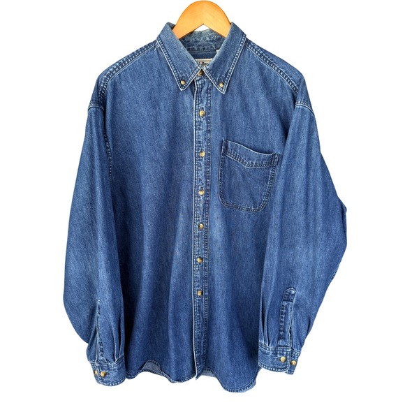 L.L. Bean Men's Denim Shirt Large Reg Blue 100% Cotton Long Sleeve Workwear - Picture 1 of 5